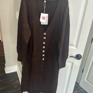 Long Sleeve V-Neck Button Front Brown Knit Dress
